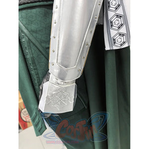Doctor Doom cosplay costume presents a metallic silver-tone forearm guard paired with a dark green textured fabric tunic.
