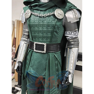 Doctor Doom cosplay costume presents detailed green textured layers with metallic shoulder armor and silver-tone gauntlets.