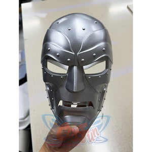 Doctor Doom cosplay mask centers silver-tone metallic cosplay face mask with rivet details.