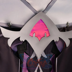 Back accessory detail of Genshin Impact Durin cosplay costume with white wing panel, pink emblem, black straps, and spikes