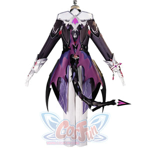 Back view of Genshin Impact Durin cosplay costume with layered black coat, purple back panels, white pants, and tail