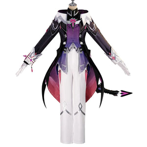 Front view of Genshin Impact Durin cosplay costume with black coat, white panels, purple vest, gloves, and tail