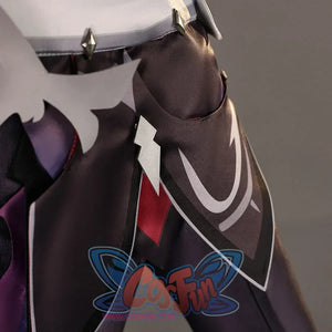 Shoulder detail of Genshin Impact Durin cosplay costume with black coat, white collar, red lining, and small silver charm