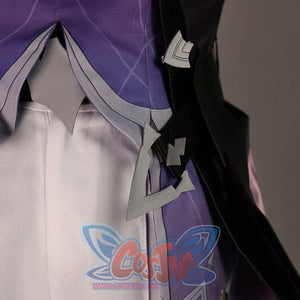 Side detail of Genshin Impact Durin cosplay costume with purple coat panel, white pants, black side trim, and small charm