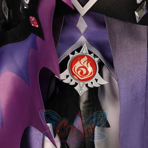 Waist charm detail of Genshin Impact Durin cosplay costume with red emblem, black strap, purple fabric, and white panel