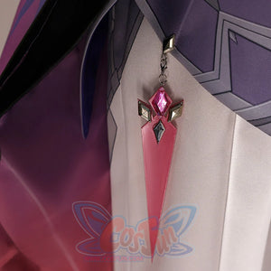 Front waist detail of Genshin Impact Durin cosplay costume with pink tail panel, black sash, silver charm, and purple coat