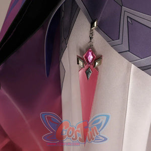 Front waist detail of Genshin Impact Durin cosplay costume with pink tail panel, black sash, silver charm, and purple coat