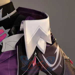 Close-up of Genshin Impact Durin cosplay costume white collar with black coat edge, purple lining, and pink accent