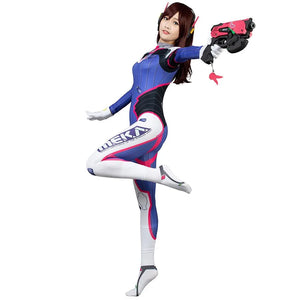 COSFUN OW D.Va Hana Song cosplay jumpsuit pairs a blue pink bodysuit with prop gun and earpieces.