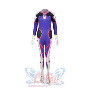 OW D.Va Hana Song cosplay jumpsuit centers a pink rabbit chest detail over integrated gloves and shoe covers.