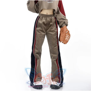 Khaki Striped Velvet Patchwork Slim Skirt Pants Sweater Suit S22429