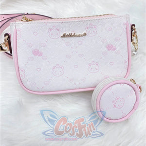 New Style Vintage Printed Bear Crossbody Bag White and Pink + Small Bag