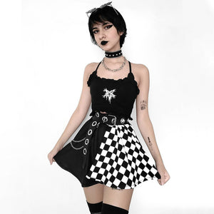 Punk High Waist Color Blocking Black and White Plaid Skirt S22898
