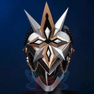 Genshin Impact Il Capitano cosplay helmet centers layered white and black plating trimmed with gold and star motifs.