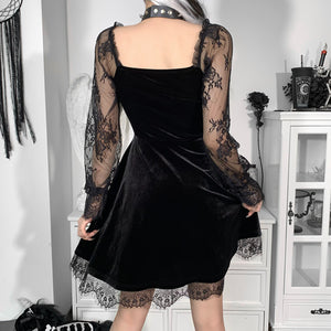 Sexy Velvet High Waist Lace Long Sleeve Princess Short Dress S22905