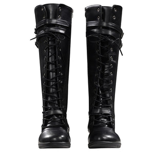 COSFUN Elektra cosplay boots frame a tall lace up design with secure faux leather straps and a durable rubber sole unit.