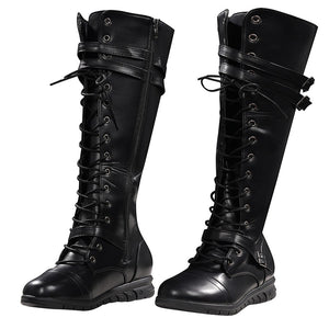 Elektra cosplay boots wrap around the legs with functional laces and buckled faux leather straps for a secure custom fit.