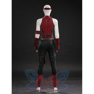 Elektra cosplay costume traces the back of the textured bodysuit with red panels and black faux leather leg guards.