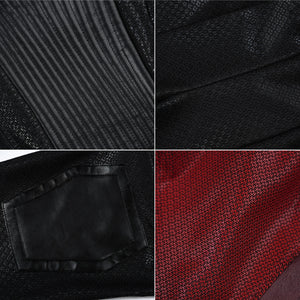 Elektra cosplay costume layers ribbed faux leather with textured black and red patterned fabrics to create the suit design.