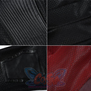 Elektra cosplay costume layers ribbed faux leather with textured black and red patterned fabrics to create the suit design.