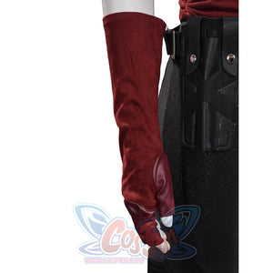 Elektra cosplay costume frames a textured red suede-like arm glove alongside a detailed black faux leather holster belt.