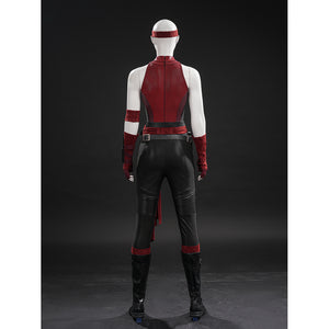 Elektra cosplay costume gathers the red bodysuit details including the faux leather belt and arm sheath strap from behind.
