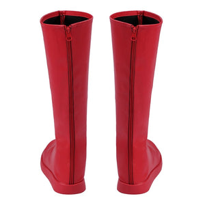 Elektra Natchios cosplay boots trace vertical back zippers along the center of the matte red knee high footwear profile.