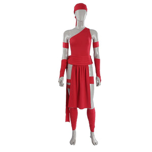 Elektra Natchios cosplay costume includes a red bodysuit beside a layered waist wrap plus matching arm and leg coverings.