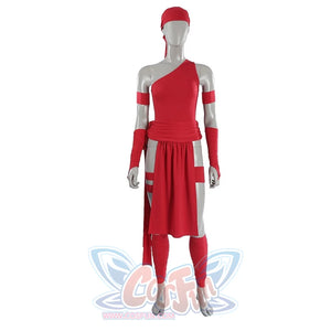 Elektra Natchios cosplay costume includes a red bodysuit beside a layered waist wrap plus matching arm and leg coverings.