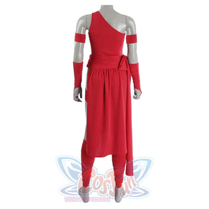 Elektra Natchios cosplay costume gathers at the waist while fabric straps wrap around the arms and legs in red textile.