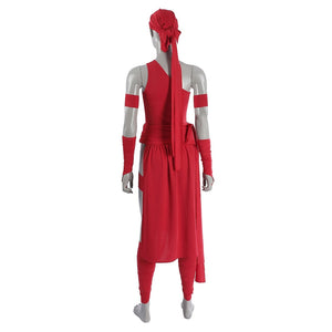 Elektra Natchios cosplay costume details the back view of the red bodysuit waist wrap head scarf and arm sleeve set.