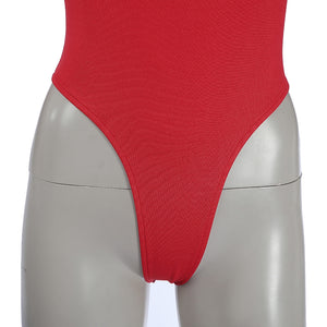 Elektra Natchios cosplay costume bodysuit highlights high cut leg lines in vibrant red stretch fabric for a sleek look.