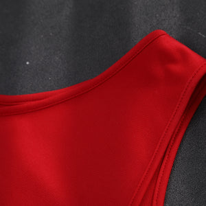 Elektra Natchios cosplay costume red fabric section centers durable hemmed stitching that defines the neckline contour.