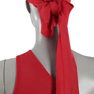 Elektra Natchios cosplay costume ties a knotted red head scarf over the sleeveless bodysuit neckline to complete the look.