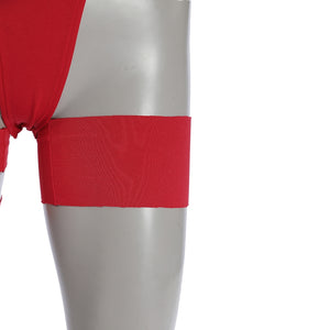 Elektra Natchios cosplay costume red fabric strap anchors snugly around the leg to secure the bodysuit for a fitted look.