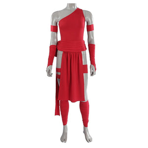 Elektra Natchios cosplay costume includes a vibrant red one-shoulder bodysuit layered beside a draped waist wrap and ties.