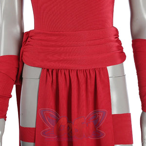 Elektra Natchios cosplay costume centers on a red bodysuit fabric layer that anchors a pleated waist wrap and arm bands.