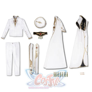 Anime Lelouch cosplay seven-piece set layers a white jacket and trousers beside a sleeveless robe and gem armband.