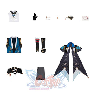 Honkai: Star Rail Anaxagoras Anaxa cosplay costume set lays out vests, gloves, jewelry, a hooded scarf, belts, and shorts.