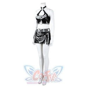 Felicia Hardy Urban Predator cosplay costume angles the skirt slit below white glove accents.