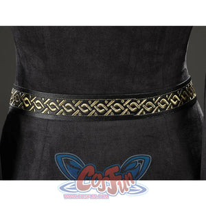 Close-up of the back waist area showing the embroidered black and gold belt on the Fire Keeper cosplay costume.