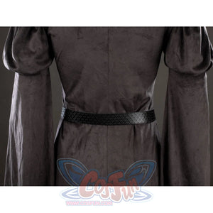 Dark Souls III Fire Keeper cosplay costume back waist detail sets a black belt over gray fabric