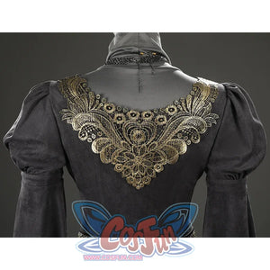 Back close-up of the Fire Keeper cosplay bodice featuring ornate gold embroidery across the upper back.