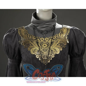 Front close-up of the Fire Keeper cosplay bodice with gold embroidered neckline, puff sleeves, and gray collar.