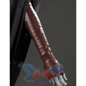 Close-up of the Dark Souls III Fire Keeper cosplay brown forearm glove wrap with layered banded detailing.