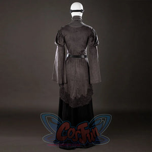 Dark Souls III Fire Keeper cosplay costume back view highlights a belted gray tunic over the black skirt
