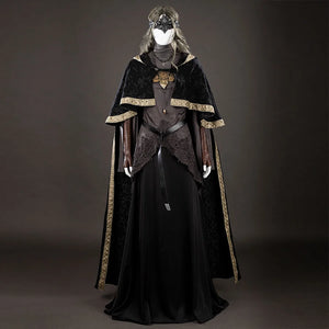 COSFUN Dark Souls III Fire Keeper cosplay costume front view frames the mask beneath a black jacquard cloak