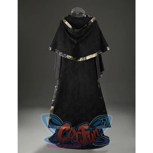 Back view of the Dark Souls III Fire Keeper cosplay costume highlighting the hooded cape and long black suede robe.