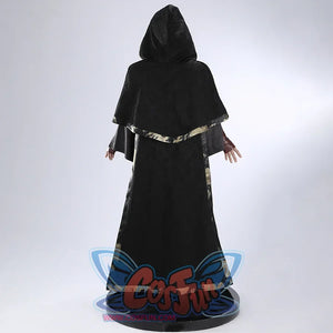 Back full view of the Dark Souls III Fire Keeper suede cosplay costume with hood up and cape trim visible.