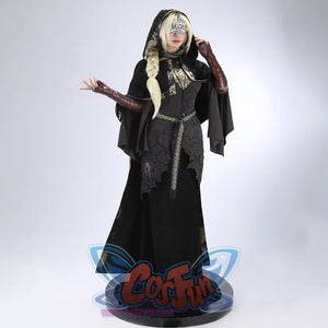 Front view of the Dark Souls III Fire Keeper suede cosplay costume with the hood up over the mask and braided wig.